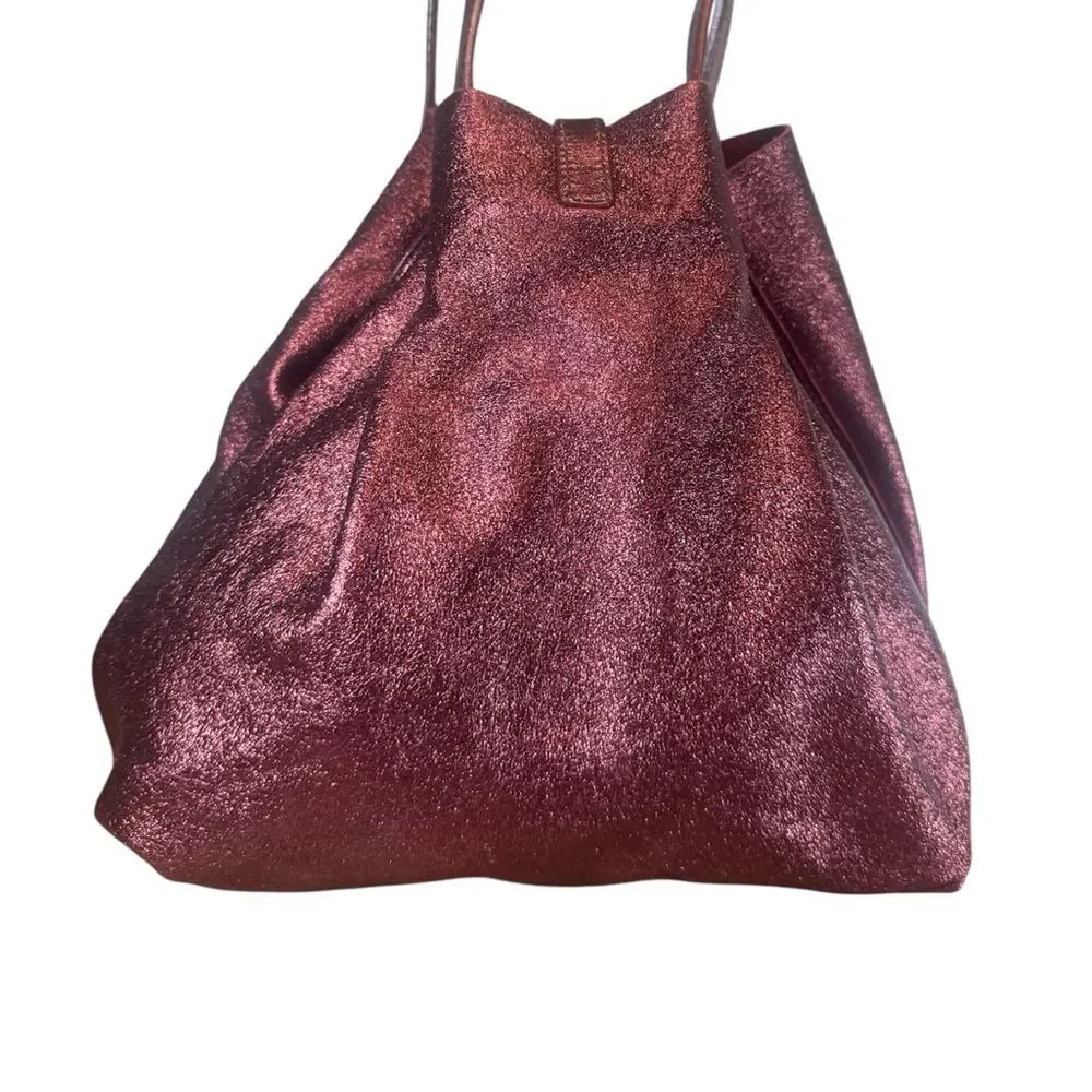 TIFFANY & CO Ruby Red Metallic Leather & Suede Reversible Small Bucket Hobo Bag